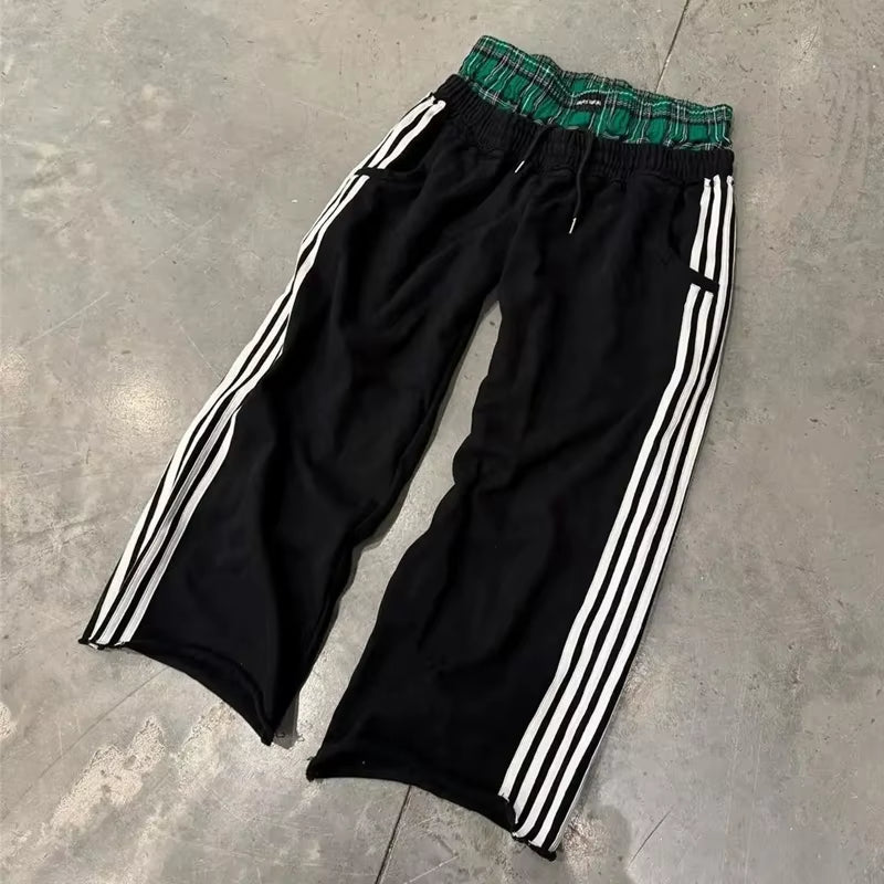 Y2K Pants Vintage Harajuku Double Embroidered Waist Sweatpants Men Wome Hip Hop Casual High Waisted Wide Leg Pants Streetwear