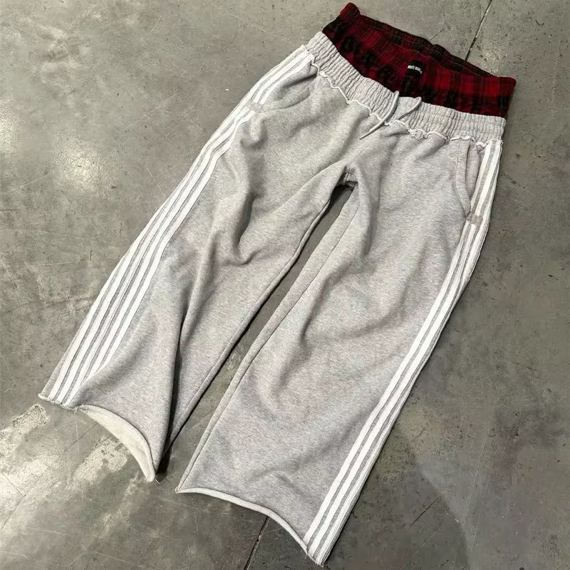 Y2K Pants Vintage Harajuku Double Embroidered Waist Sweatpants Men Wome Hip Hop Casual High Waisted Wide Leg Pants Streetwear