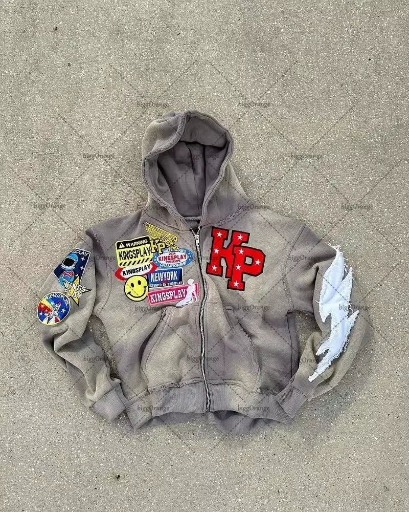 Y2K Autumn Retro Patchwork Letter Hoodie 2024 American Colorful High Street Hip-Hop Casual Oversize Sweatshirt Zip up Hoodie