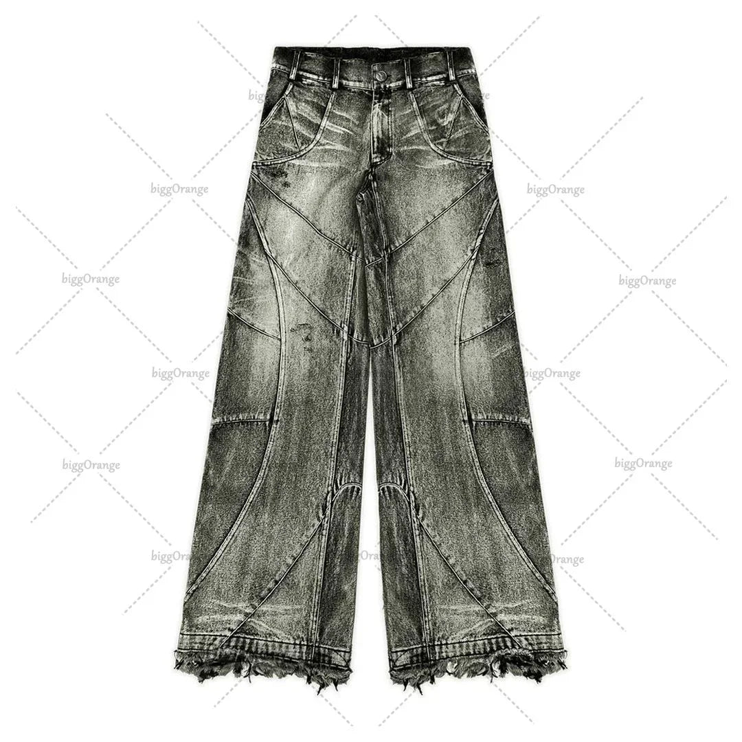 High Street Retro Washed Tie-Dye Distressed Jeans Men Women American Hip-Hop Rap High Waist Loose Jeans Casual Straight Pants