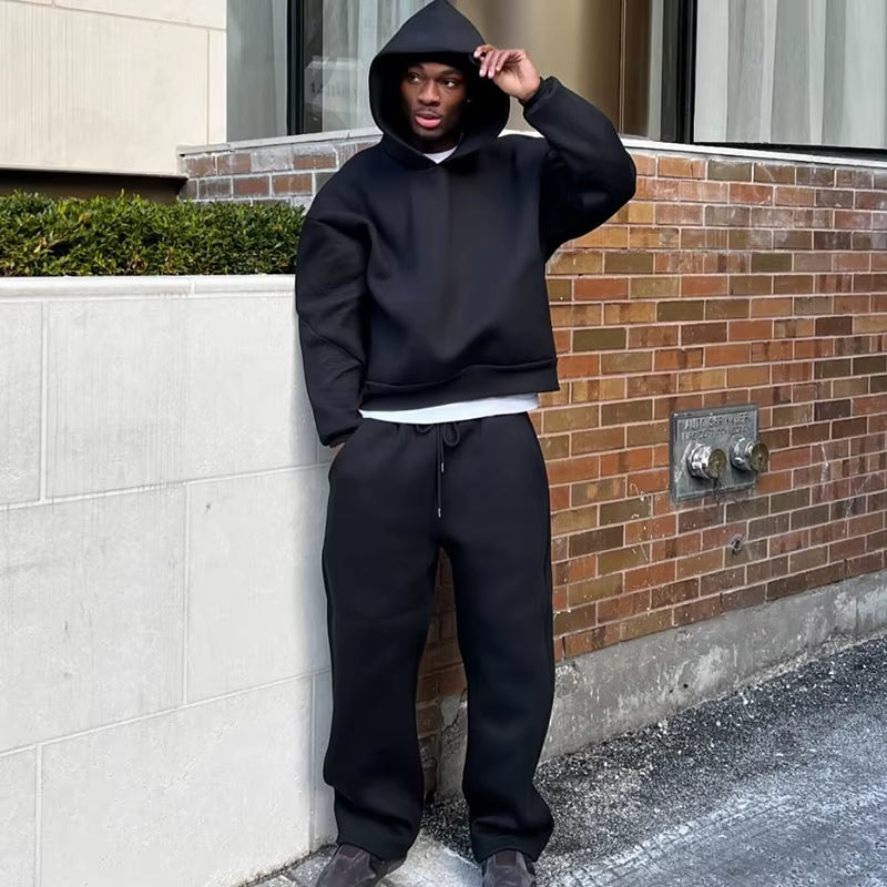 Casual Solid 2 Piece Set Hooded Pullover Straight Pants Tracksuit for Male Fashion Loose Hoodies Sweatshirt Wide Leg Sweatpants﻿